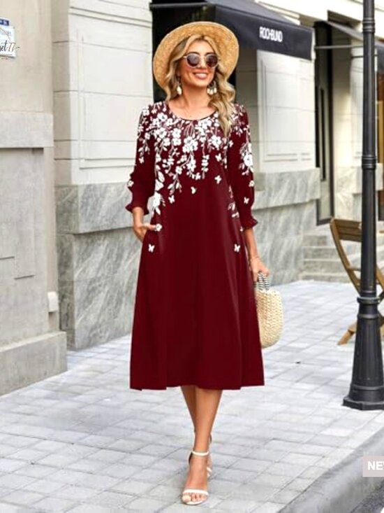 Floral Midi Dress with Pockets 3/4 Sleeve Casual Summer Women's - Picture 5 of 7